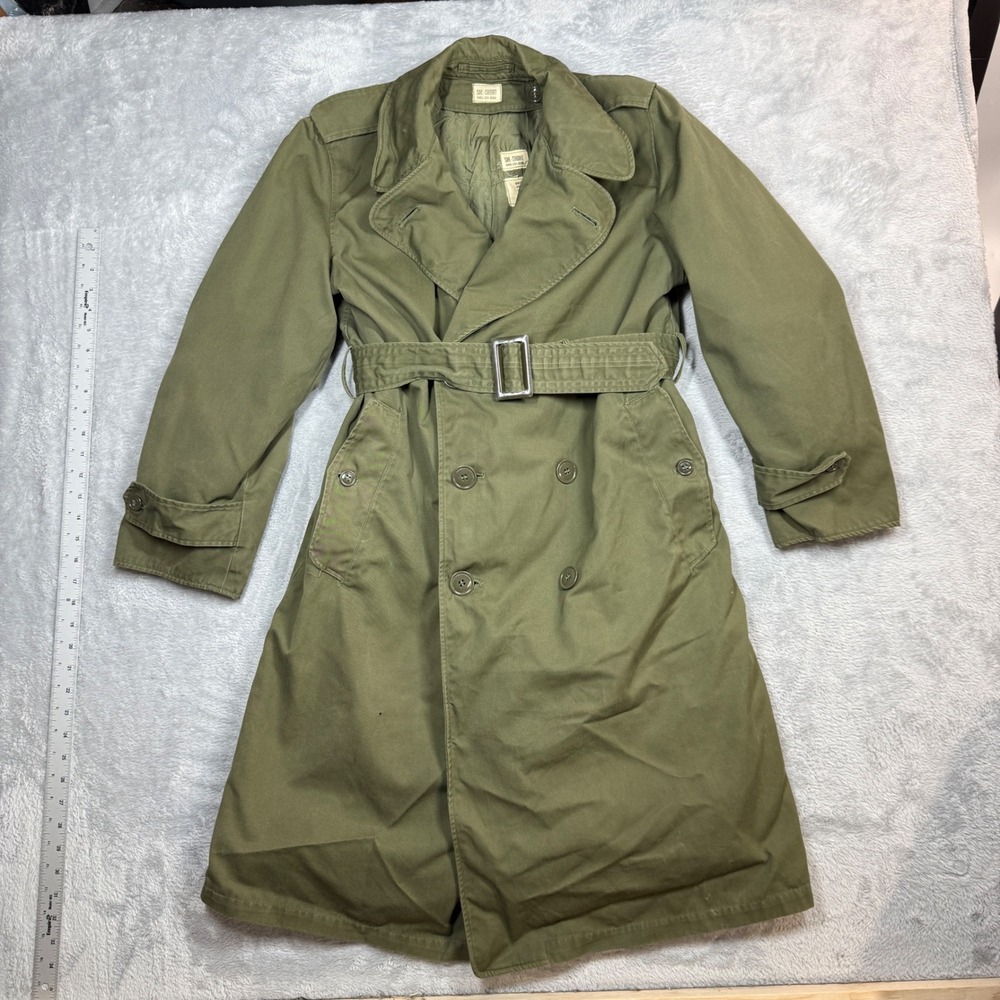 Vintage US Army Overcoat Mens Small Short Green Military Trench Belted 60s